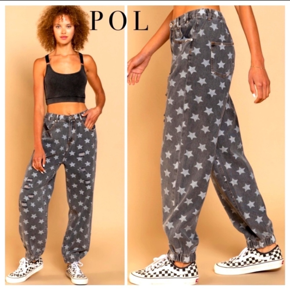 POL Star Print Distressed Jogger Jeans High Waist Boyfriend Denim Size Large
